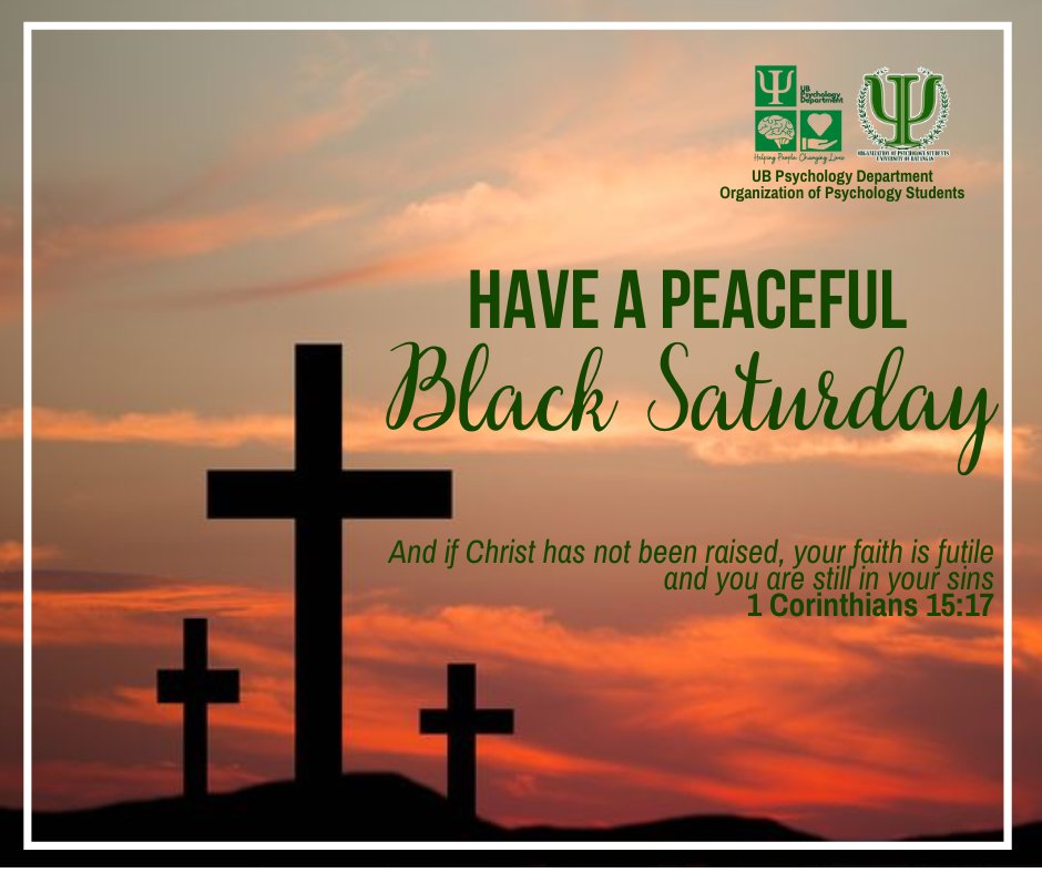 Black Saturday commemorates the day that Jesus Christ lay in the tomb after his death. Today is a day of quiet and prayerful reflection on the true gravity of the crucifixion and Jesus' redemptive sacrifice. 

#UBOPS #PsychPower #OPStoppable #OPStrivingForExcellence #HolyWeek2023