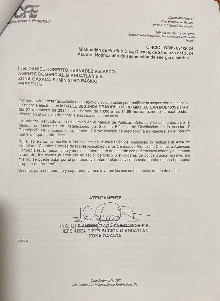 ATENTO COMUNICADO AQUIENES CORRESPONDA

La comisión Federal de Electricidad Agencia Miahuatlan,comunica a los sectores correspondientes
del barrio abajo de este corte de energía eléctrica.

Para que tomen las debidas precauciones.