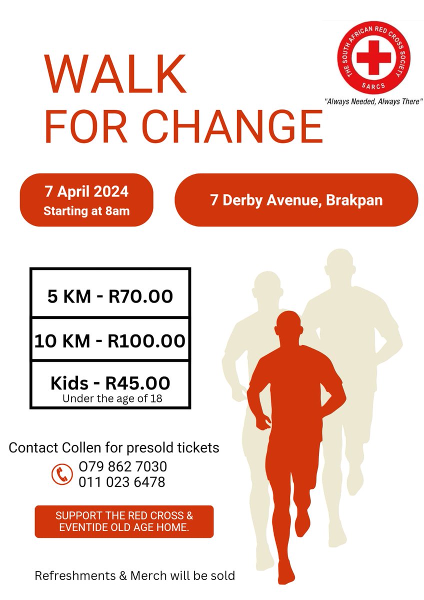 Come join the SARCS Brakpan Branch on a Health Walk to raise awareness and mobilize resources to assist with our continued efforts to provide humanitarian aid and fulfilling our mandate of alleviating human suffering, preserving lives and restoring human dignity.