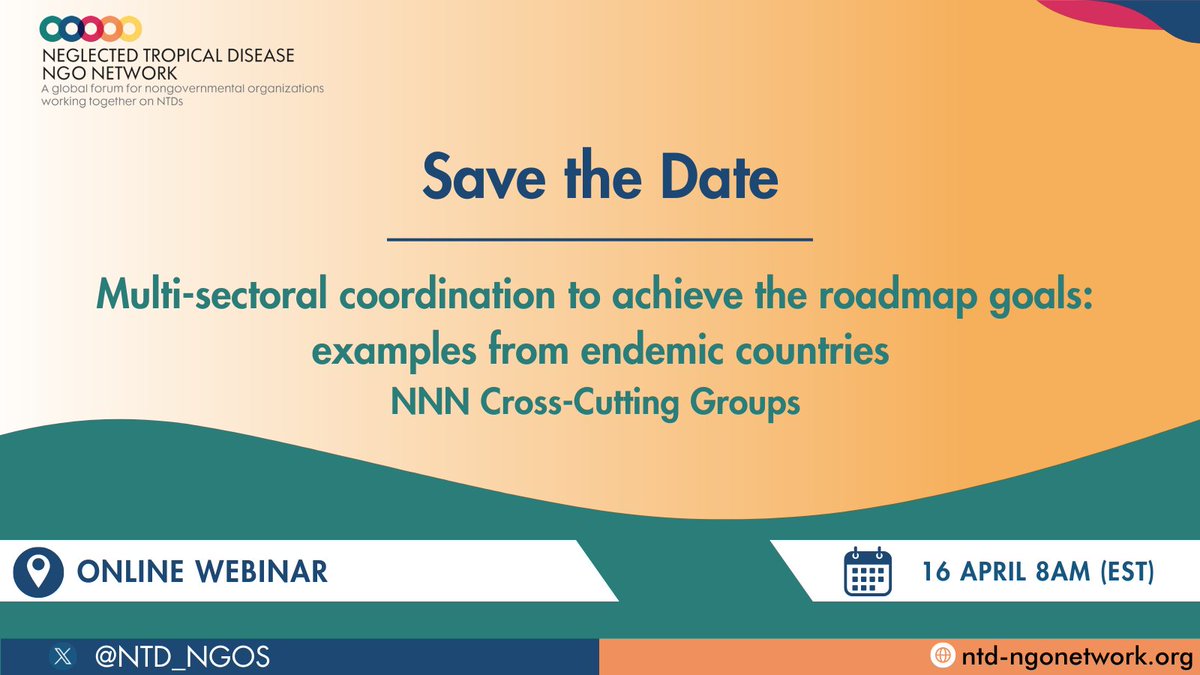 📣 Save the date! We're excited to be hosting this @NTD_NGOs Cross-Cutting Groups webinar. 📆 Tuesday April 16 2024 🕐 8AM EST / 1PM BST / 3PM EAT Registration link coming soon! #BeatNTDs