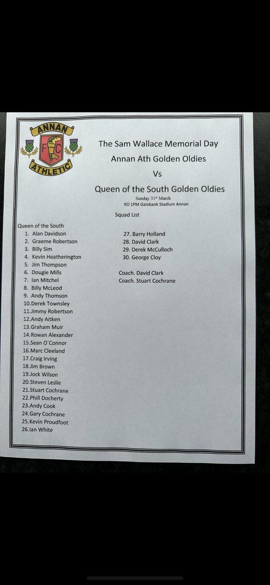 cjardie8's tweet photo. Here’s the squads for Sunday’s Sammy Wallace Memorial Match at Galabank…there must be someone in there that’s worth coming to see 👀 https://t.co/hrLmrzwAEi