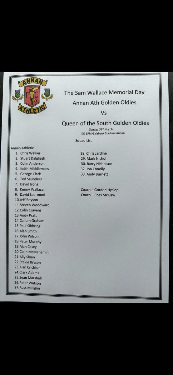 cjardie8's tweet photo. Here’s the squads for Sunday’s Sammy Wallace Memorial Match at Galabank…there must be someone in there that’s worth coming to see 👀 https://t.co/hrLmrzwAEi