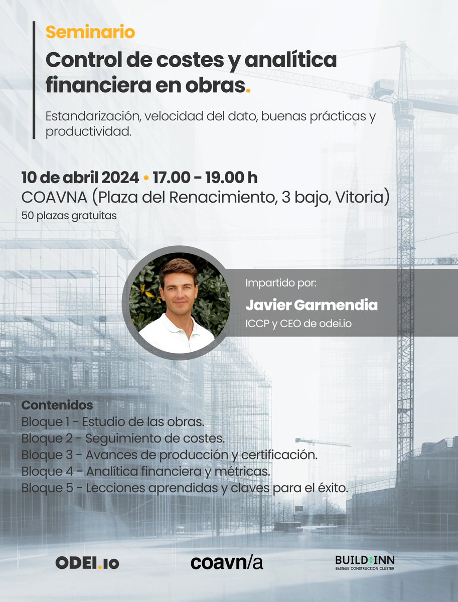 Te invitamos a un seminario, de la mano de <a href="/garmen25/">Javier Garmendia</a>  y <a href="/odeiHQ/">ODEI</a> , sobre el Control de costes y analítica financiera en obras. Será el próximo 10 de abril, en COAVNA, #Vitoria. Aforo limitado de 50 personas. Apúntate aquí lu.ma/c2o3zup1
#WeAreBUILDINN