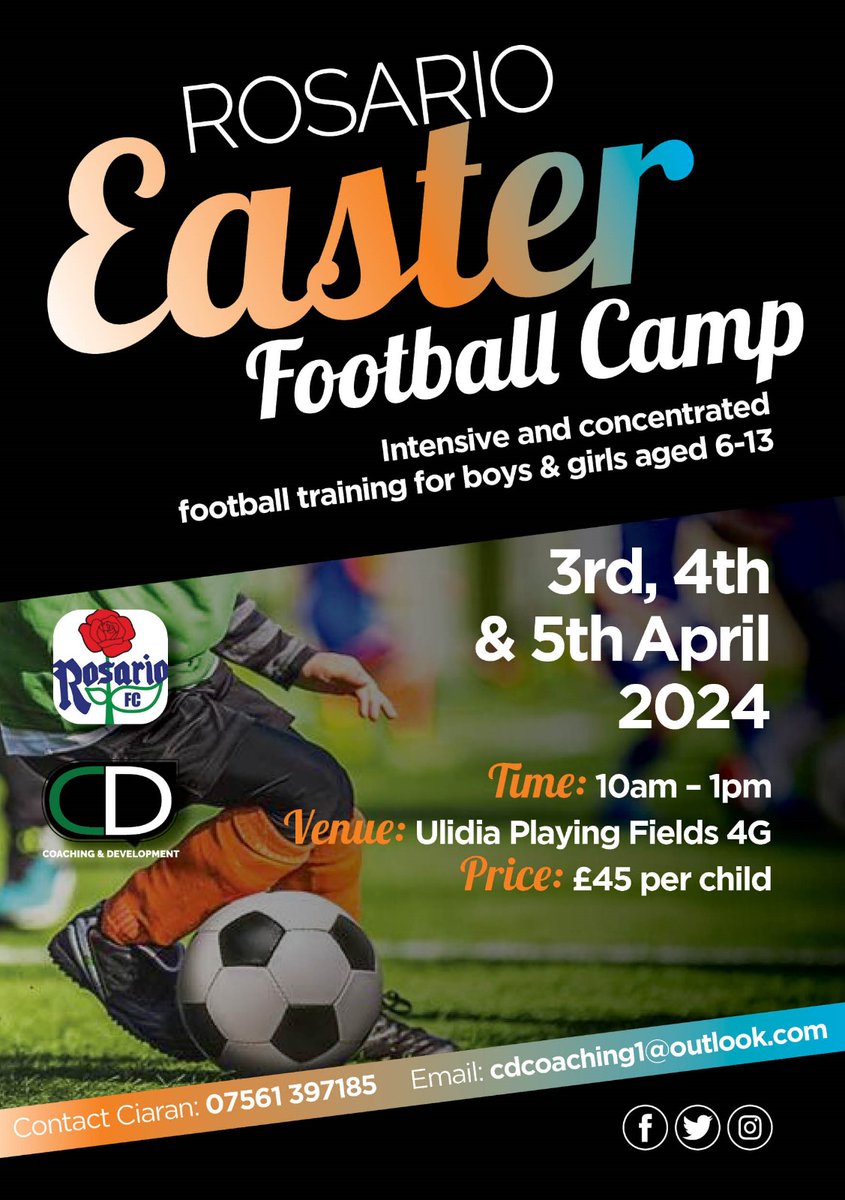 Hey everyone, less than a week left to register for our Easter Camp. 🐣⚽️ This has sold at a rapid pace from the get go. We are now down to the final 8 places before we cap it. So if you want to secure your spot please follow the link below 👇🏽 @Rosario_YFC Get in quickly⏳️