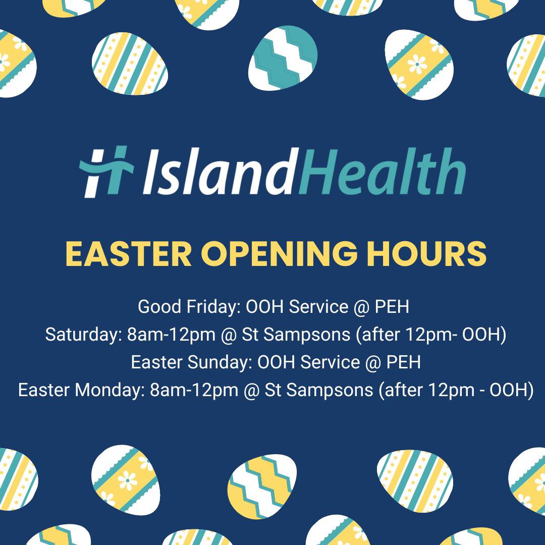 We hope everyone has a lovely and healthy Easter weekend.

A doctor is available 24/7 throughout the weekend by calling your usual surgery number.

St Sampsons surgery is also open from 8-12 on Saturday 30th March and Monday 1st April. #islandhealth #guernsey