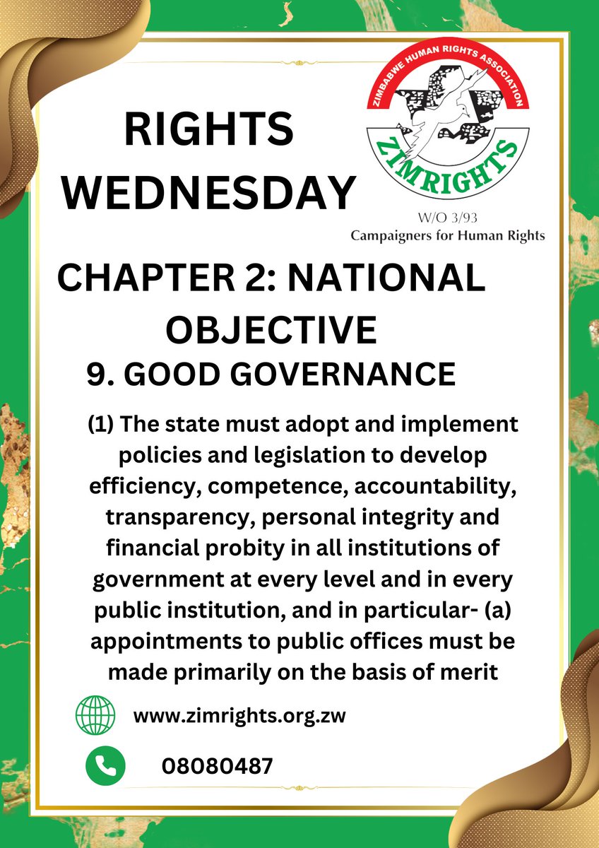 ZimRightsLIVE's tweet photo. Today on #RightsWednesday, let’s delve into our constitution’s commitment to Good Governance under Chapter 2 (9). It mandates efficiency, accountability, and integrity at all government levels. 

But what does this mean for us today? Amidst calls for transparency and reform, these principles are more than words; they’re rights we must uphold and exercise.

In a landscape where democratic values face challenges, understanding and advocating for our constitutional rights is crucial for the nation’s progress. Let’s engage, empower, and enact change! 
#RightsWednesday
#Zimbabwe #GoodGovernance