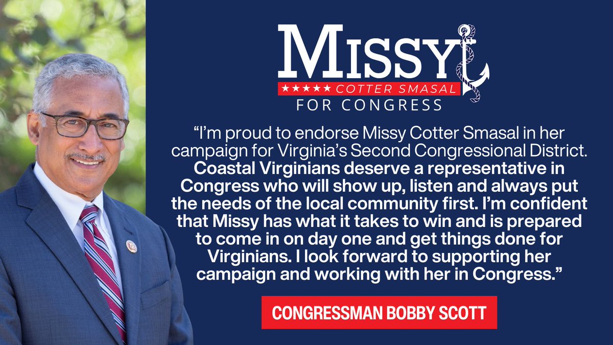 It’s a true honor to have earned the support and endorsement of Congressman @BobbyScott4VA3! Rep. Scott has dedicated his career to Hampton Roads' veterans, children, and families. For over 30 years, he has served Hampton Roads with distinction and I look forward to working with…