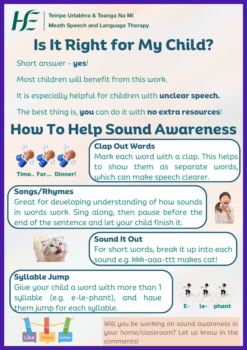 Sound awareness means understanding how sounds in words work. This is also called phonological awareness. There are lots of ways to help sound awareness. #SoundAwareness #PhonologicalAwareness #SpeechDevelopment #SLT #SLP #MeathSLT