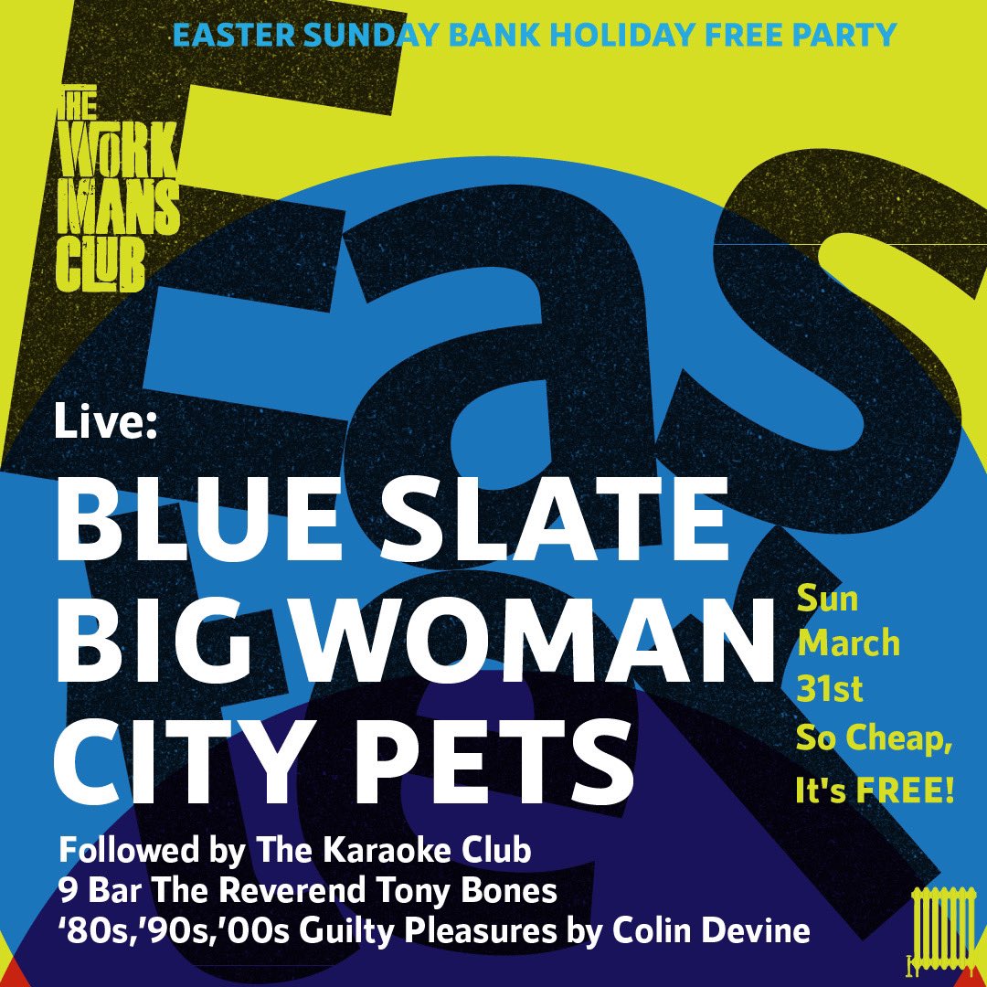 The Easter Sunday FREE Party!!! Live: BLUE SLATE BIG WOMAN CITY PETS + The KARAOKE Club + 1st Floor Dj’s across 2 Rooms 9Bar: Alternative & Indie by @revtonybones Up-Right: 80’s, 90’s, 00’s “Guilty Pleasures” by @cdevinemusic Admission: FREE!