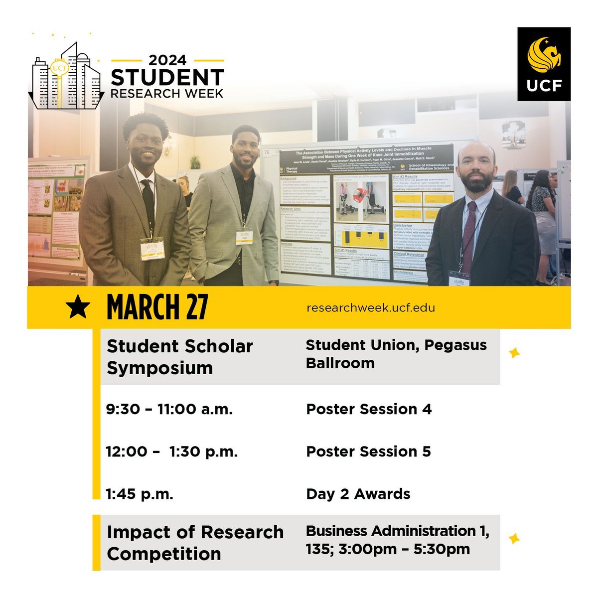 UCFGradStudies's tweet photo. Join us for a second day of research and creative scholarship at the Student Scholar Symposium. For more information, visit https://t.co/Ks19MoO53O
#UCFResearchWeek https://t.co/3woIz6snXY