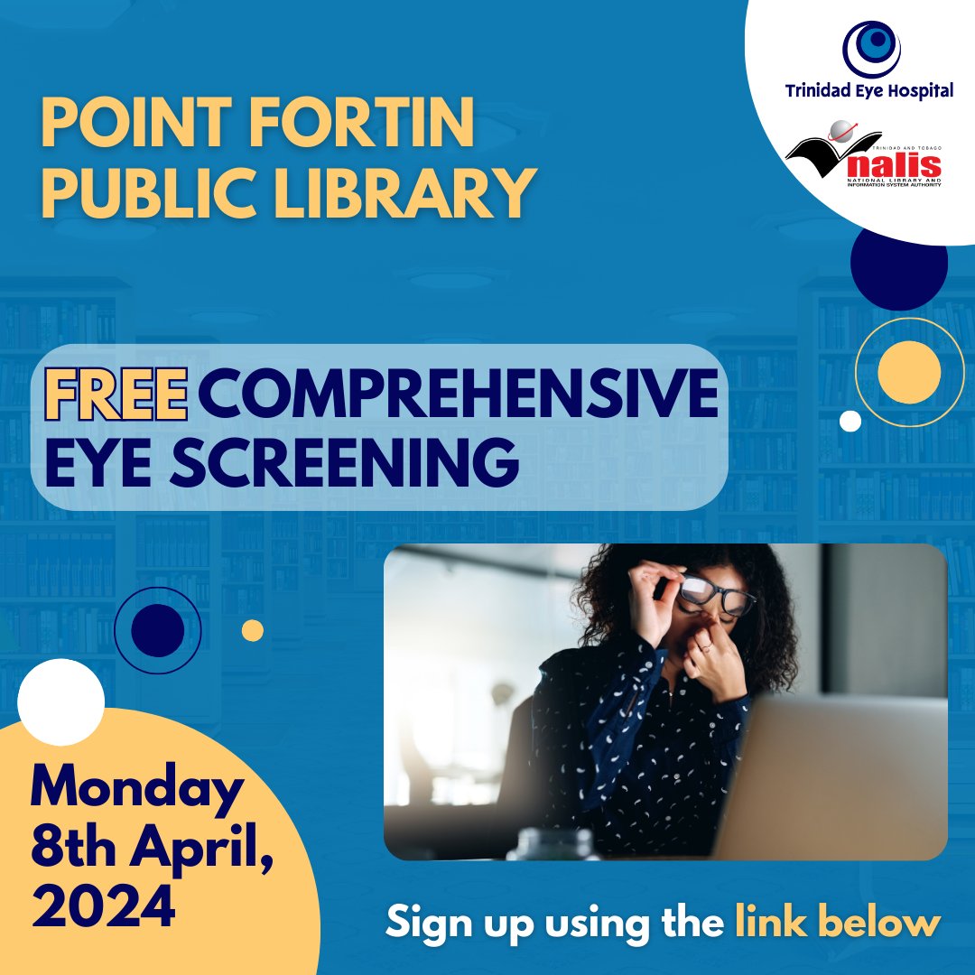 The National Library and Information System Authority (NALIS) is pleased to partner with the Trinidad Eye Hospital to offer Comprehensive Eye Screening for FREE! Use the link below to schedule your appointment at the advertised libraries. forms.gle/DtpdioA4jfKyme…