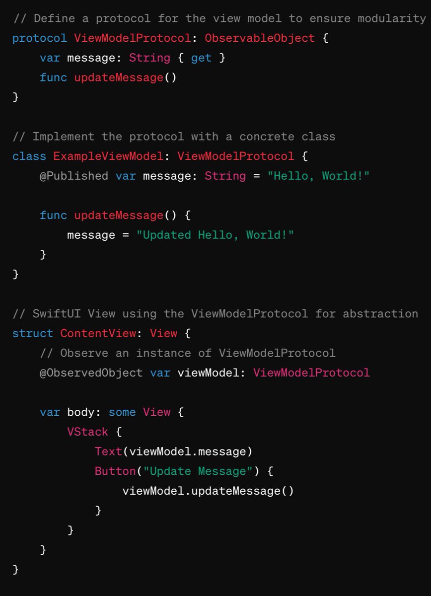 sinarez's tweet photo. #iOSDev tips 9/100
Using protocols for #SwiftUI view models promotes flexibility, modularity, and #testability. By defining a protocol for the view model, you can easily swap implementations for testing or different use cases, ensuring views remain decoupled from specific logic. https://t.co/ZFn9r6wLnZ