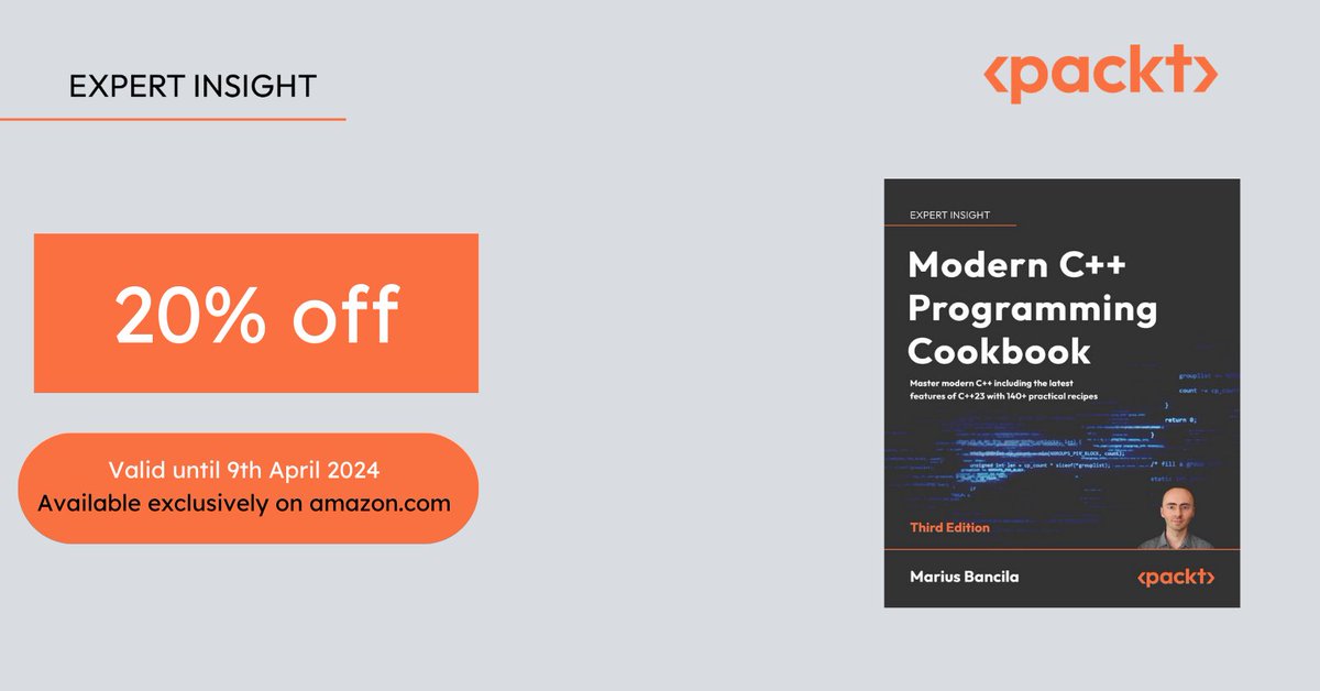mariusbancila's tweet image. My book, Modern C++ Programming Cookbook, Third Edition is 20% off on Amazon until 9th April!
🛒 packt.link/KaM3f
#packt #programming #cpp