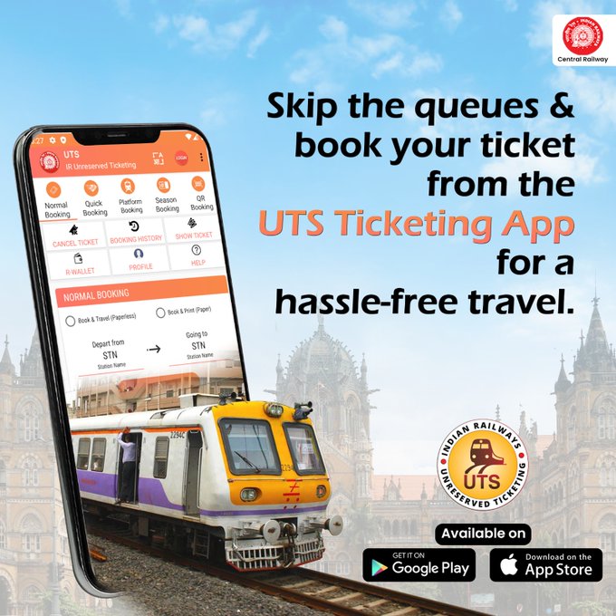 No more waiting, no more queues! Book your unreserved tickets on the go with the UTS Ticketing App. 
#CentralRailway #UTSApp #PuneDivision