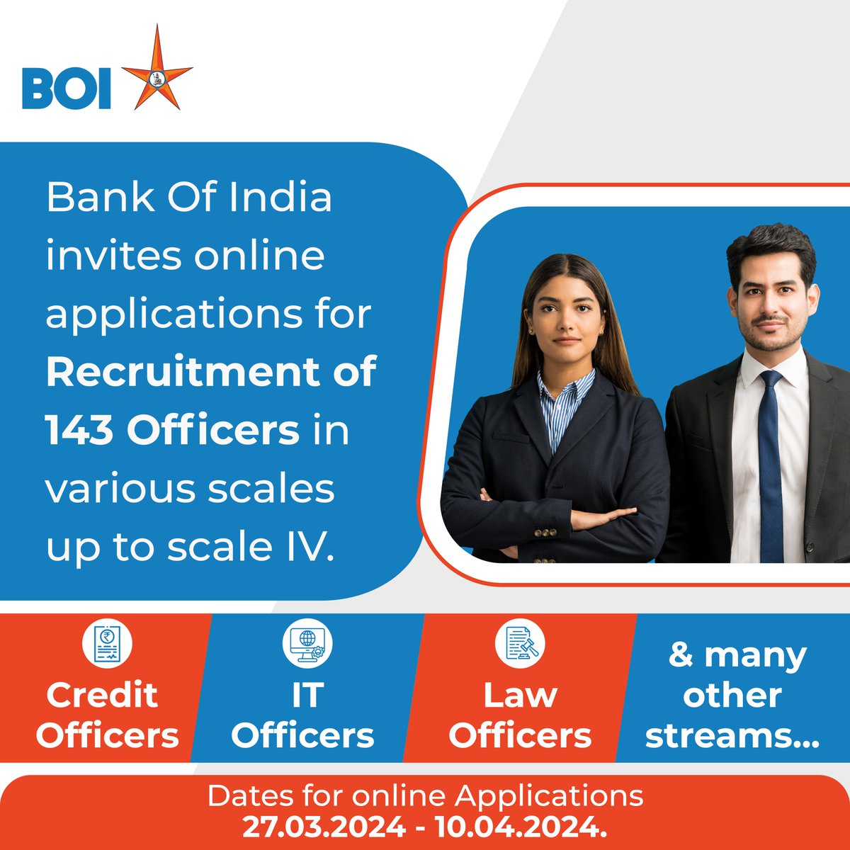 BankofIndia_IN's tweet photo. Dear all, we invite applications for the recruitment of 143 officers in various scales up to scale IV.  Candidates may please submit applications as per eligibility criteria. 
For details, visit: https://t.co/7aQxronixR
#BankOfIndia #BOIRecruitment #Jobs https://t.co/Tzkcn5M6O8