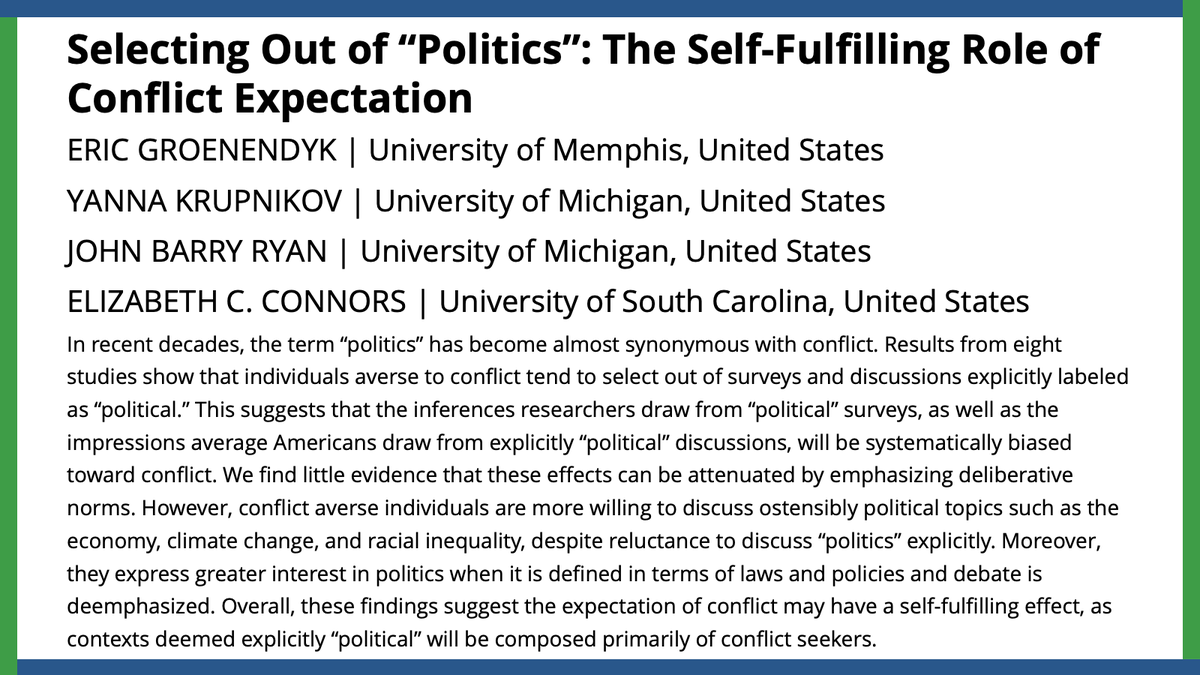 How does conflict avoidance people’s willingness to share their opinions in political contexts? @EricGroenendyk, @ykrupnikov, @ryanbq, & @littleconnors findings suggest important implications about responses to political surveys. #APSRFirstView. ow.ly/sl1p50R1xz5