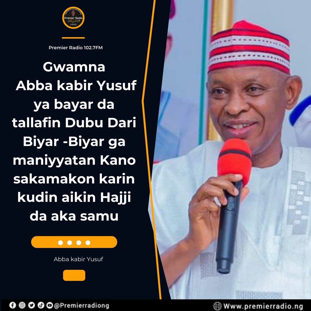 premierradiong's tweet photo. Kyautar kudin da Gwamnan ya bayar na zuwa ne bayan karin kudin Aikin Hajji da hukumar NAHCON tayi.

Gwamna Abba Kabiru Yusuf wanda ya bayyana hakan a shafinsa na Facebook, inda yace duk wani dani Maniyyaci daga Kano zai amfana da kudin. https://t.co/RrDLmykMcR