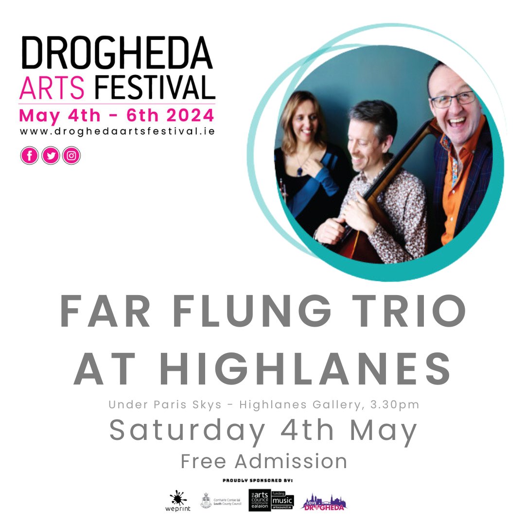 Don’t miss the Under Paris Skies recital from the Far Flung Trio at #DAF24 in the @Highlanes from 3:30pm on Saturday, 4th May! These highly talented musicians promise to deliver a fantastic performance, and admission is free 🤩 @CreateLouth @louthcoco @artscouncil_ie