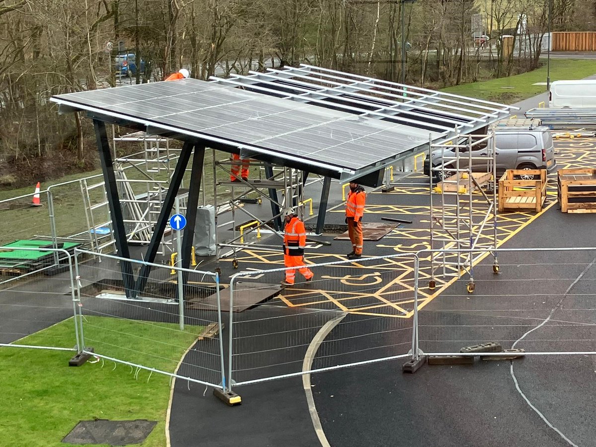 BAM has installed a PV system over two disabled parking bays + EV charger at BAM's Kilsyth office. The faces south to ensure optimum solar generation.  This system illustrates how adaptable car park PV systems can be for site specific requirements <a href="/bamukandireland/">BAM UK & Ireland</a> <a href="/REAssociation/">REA</a>