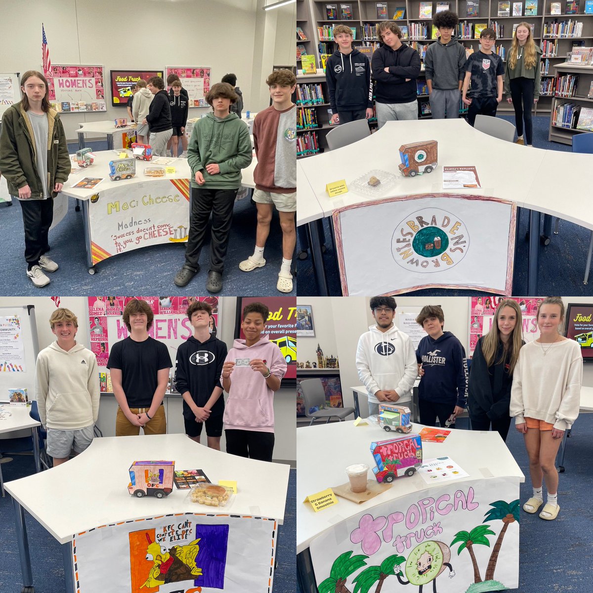 FACS &amp; Art students have been working hard on their creative &amp; tasty food trucks! We hosted Food Truck Wars in the library. After a full day of voting, Crazy Crepes takes home the gold with the most votes on overall presentation! Take a look at all the trucks they created 👇🏻👏🏻🍓