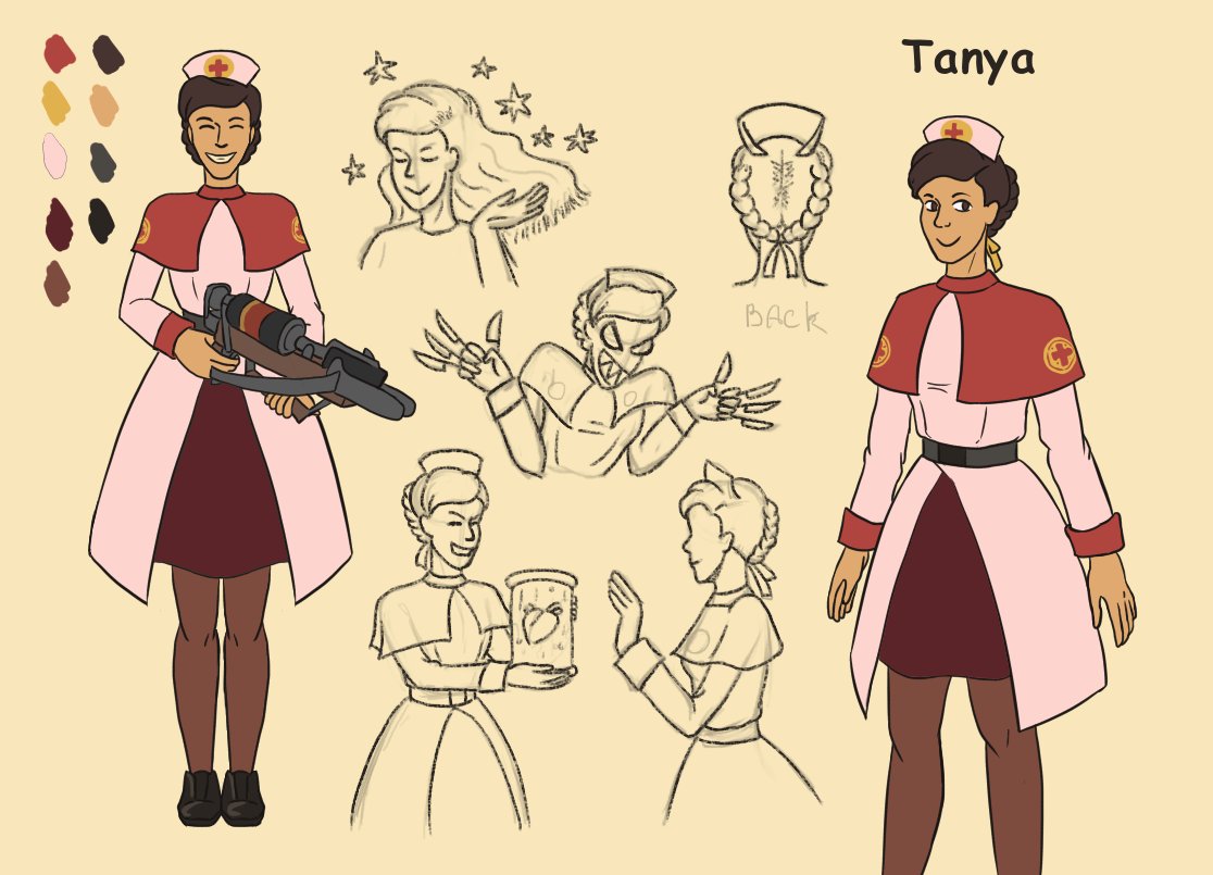 AnnK2013's tweet photo. #TF2 #TeamFortress2 #ArtistOnTwitter #characterdesign #originalcharacterart 
My TF2 OC. Valerie is pyro, Andy Sniper and Tanya Medic https://t.co/oPBmCzWB83