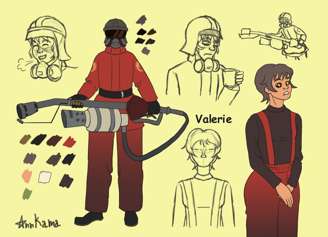 AnnK2013's tweet photo. #TF2 #TeamFortress2 #ArtistOnTwitter #characterdesign #originalcharacterart 
My TF2 OC. Valerie is pyro, Andy Sniper and Tanya Medic https://t.co/oPBmCzWB83