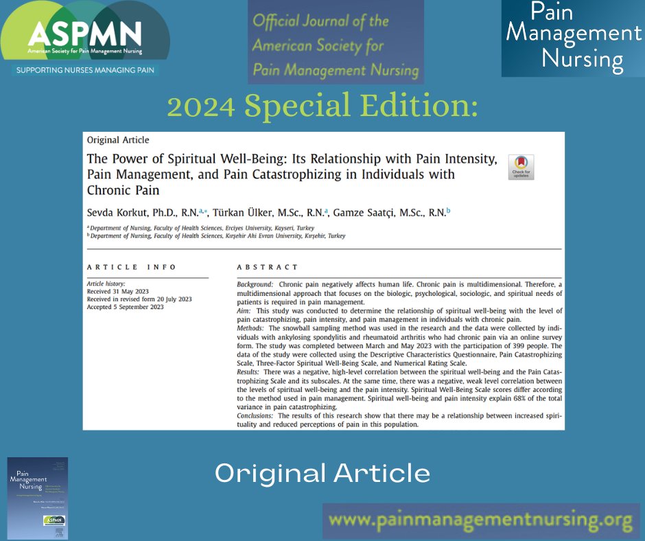 Special Issue 2024!

Featured article:

painmanagementnursing.org/article/S1524-…

#biopsychosocial
#spiritual
#nursing
#NurseTwitter
#painmanagement
#NursingPractice
#holistic
#chronicpain
#wellbeing
#SpiritualWellbeing
#ankylosingspondylitis
#rheumatoidarthritis
#catastrophizing