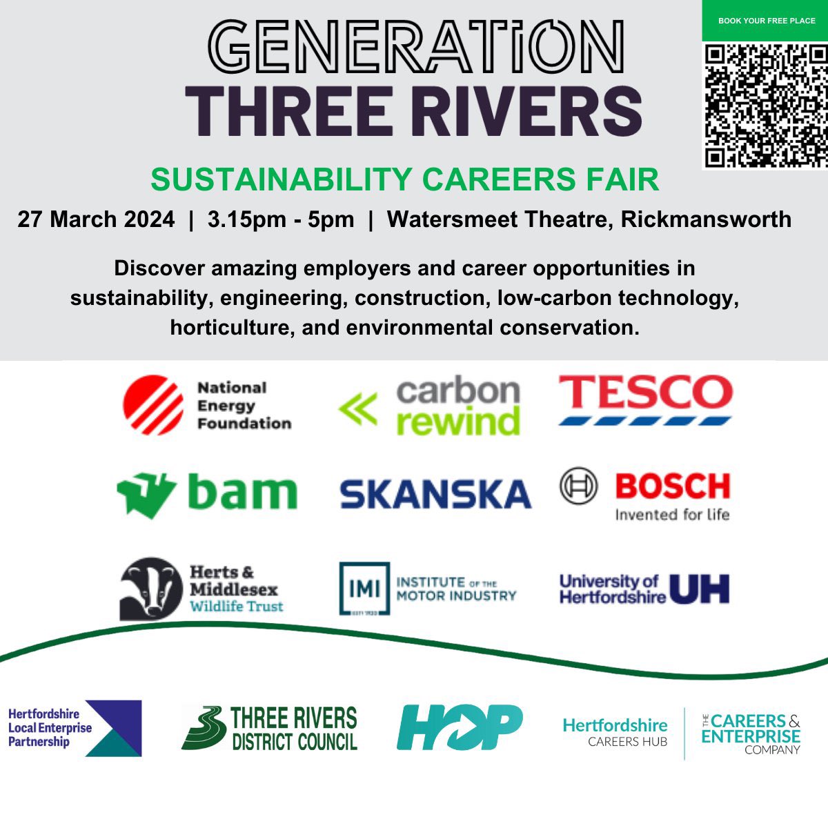 Don't forget @ThreeRiversDC #Sustainability #CareersFair this afternoon! 🕒 3:15pm-5pm 📍 Watersmeet Theatre, Rickmansworth Come and learn more about sustainable career path options! Find out more 👉 ow.ly/FKpy50QLnyZ #Hertfordshire @hertscc @WatersmeetVenue
