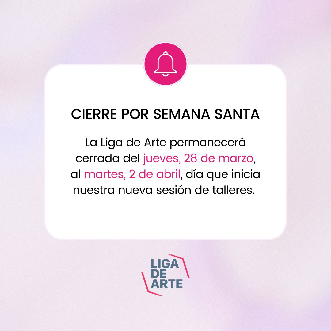 🔔 𝐂𝐢𝐞𝐫𝐫𝐞 𝐩𝐨𝐫 𝐒𝐞𝐦𝐚𝐧𝐚 𝐒𝐚𝐧𝐭𝐚 | Regresamos el martes 2 de abril para el inicio de nuestra cuarta sesión de talleres. Recuerda que puedes realizar tu matrícula 24/7 a través de 🔗 ligadeartesj.org. 

#LigaDeArte #LaLiga #Aviso #SemanaSanta #Vacaciones