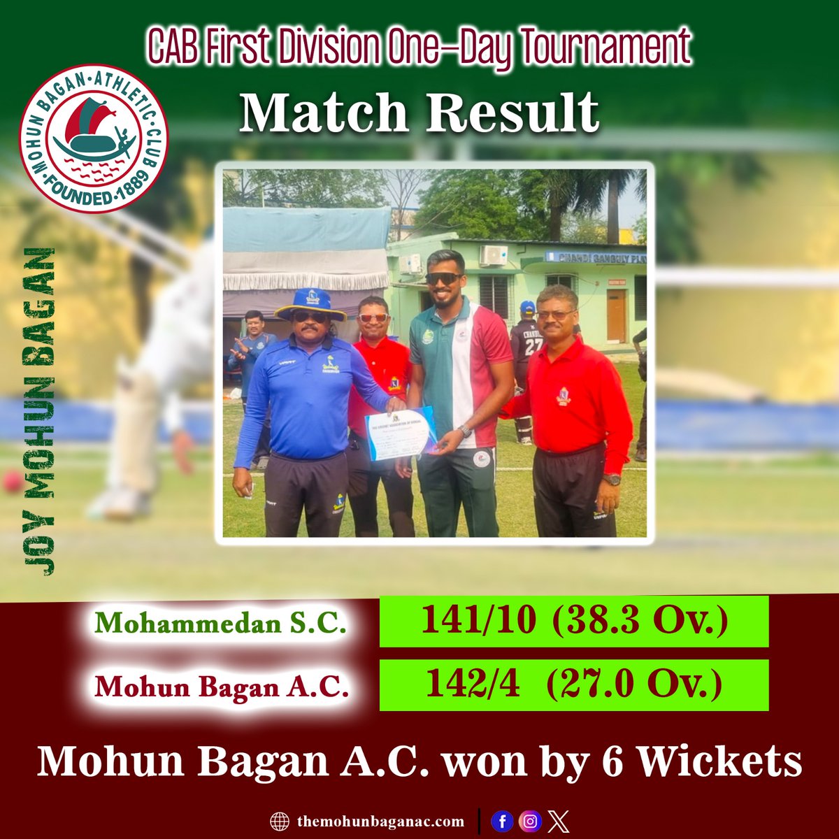Mohun Bagan's emphatic victory, cruising to a 6-wicket win over Mohammedan Sporting Club, showcased their dominance as we chased down 142 runs in just 27 overs. #JoyMohunBagan #Mariners #MohunBagan #MBAC #MohunBaganCricket #MohunBaganCricketTeam #CAB #CricketAssociationofBengal