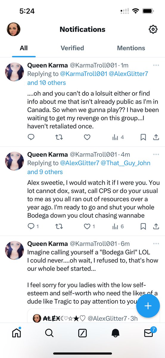 AlexGlitter7's tweet photo. @KarmaTroll001 @That__Guy_John @xXLunaSonataXx @IcyReject @Bow2TraGiC @HotRejects @fearqueerhorror @TeenaMunro @Gothic_Glitter @JoRainbowangus2 @Mrs_SherryB_66 Idgaf where you are. Who TF you are or anything about you. You’re mentally ill &amp; need help. Look at you. “I haven’t retaliated once”🤡 Sure Jan. 
I’ve never swatted anyone. Never called CPS. NOW fuck off &amp; go find a knob to slob b*tch. YOU came over here. As usual. #medcheck https://t.co/XWmcTUwMJ0