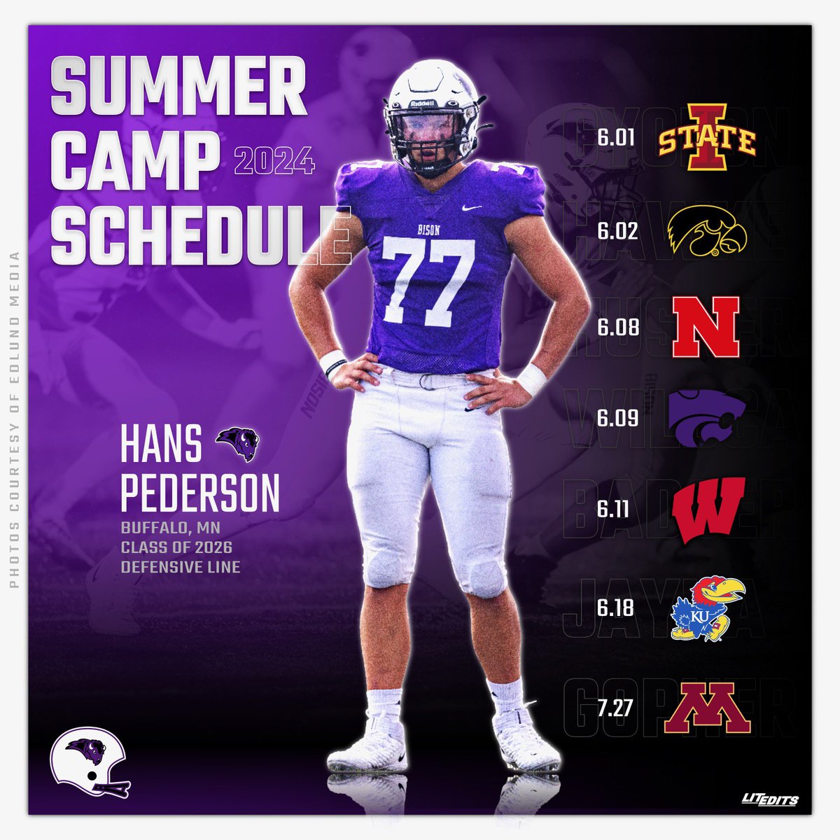 Here is my summer college camp schedule, Can’t wait to compete, learn new techniques and refine my skills. Thank you @LitEditsLLC for the graphic! @GoBisonFootball @J_Litterer714 @WardNickA