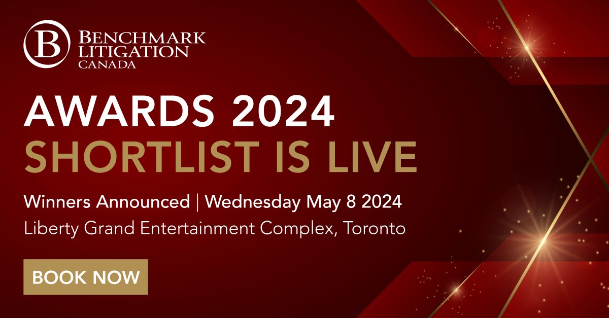 BenchLitigation's tweet image. The shortlist for Benchmark Litigation Canada Awards 2024 is live! Click the link below to see this year's finalists: spr.ly/6013ZnEF1

#BenchmarkCandaAwards #BenchmarkLitigaton #BenchmarkLitigationCanada