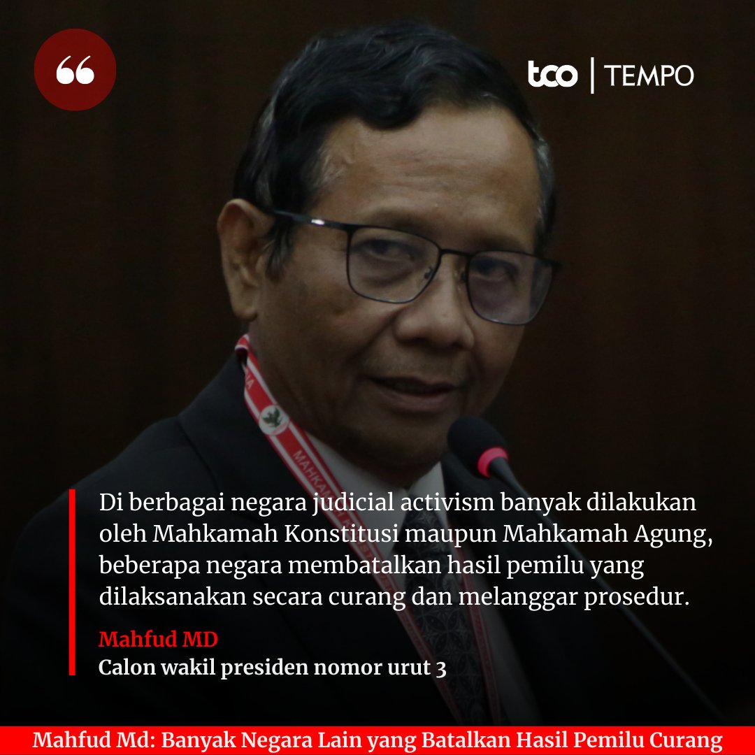 Calon wakil presiden nomor urut tiga, Mahfud Md, menghadiri sidang perselisihan hasil pemilihan umum (PHPU).  

Mahfud mengklaim banyak negara-negara lain yang membatalkan hasil Pemilu yang penuh kecurangan.  

#TempoHeadliner #SidangMK #SidangPilpresPerdanaMK