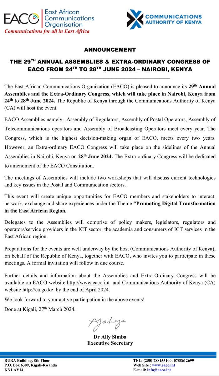 Announcement for the 29th Annual Assemblies and Extraordinary Congress which will take place in Nairobi, Kenya from 24th to 28th June, 2024. It will be hosted by the Communications Authority of Kenya (CA) @CA_Kenya @NcaSsd @RURA @TCRA_Tz @UCC_Official @ARCTBDI