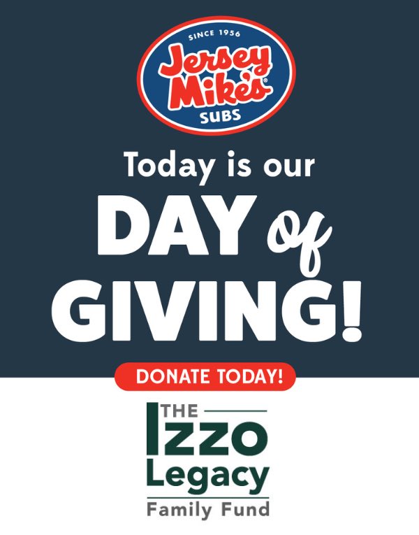 The Izzo Legacy (@theizzolegacy) on Twitter photo Today only Wed 3/27 <a href="/jerseymikes/">Jersey Mike's Subs</a> is partnering with the Izzo Legacy for their annual day of giving! All sales will go to the Izzo Legacy Family Fund! Stop by their Okemos or Lansing location and know you’re making a positive impact on our community!
#izzolegacy #jerseymikesgives Today only Wed 3/27 <a href="/jerseymikes/">Jersey Mike's Subs</a> is partnering with the Izzo Legacy for their annual day of giving! All sales will go to the Izzo Legacy Family Fund! Stop by their Okemos or Lansing location and know you’re making a positive impact on our community!
#izzolegacy #jerseymikesgives