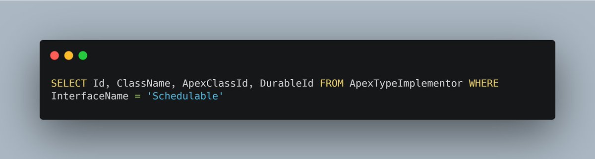 adityam930's tweet image. Salesforce Quick Tip - 
Use the ApexTypeImplementor to get info on the Apex classes which implement an interface.
For e.g., if you want query Apex classes which can be scheduled i.e. which implement Schedulable interface, you can do the following - 

#Salesforce #salesforcedev