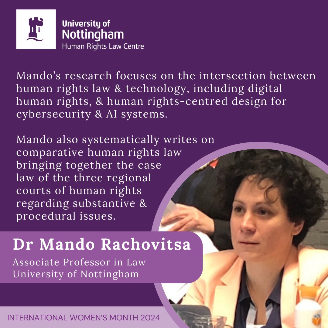 Meet our Deputy Director @rachovitsa! Her research influences policy & law-making globally – from advising govts. on cybersecurity & shaping human rights bills, to briefing int'l non-governmental stakeholders on spyware regulation & cyberspace issues. #InternationalWomensMonth