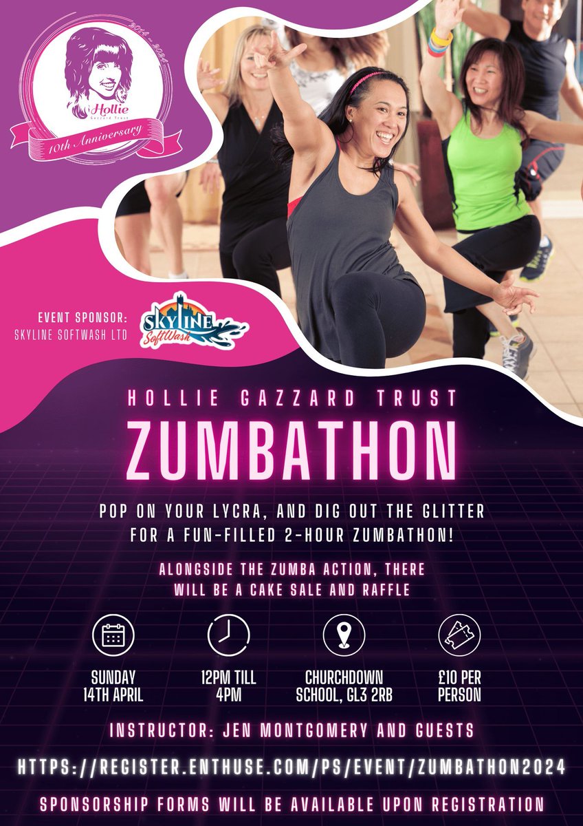 💃🕺 ZUMBATHON 🎵🎶 Join us for a two-hour Zumbathon on Sunday 14th April 2024 from midday then enjoy a well earned rest, cake sale and raffle! SIGN UP NOW: buff.ly/3V0usxg Event kindly sponsored by @SkyLineSoftWash 💜