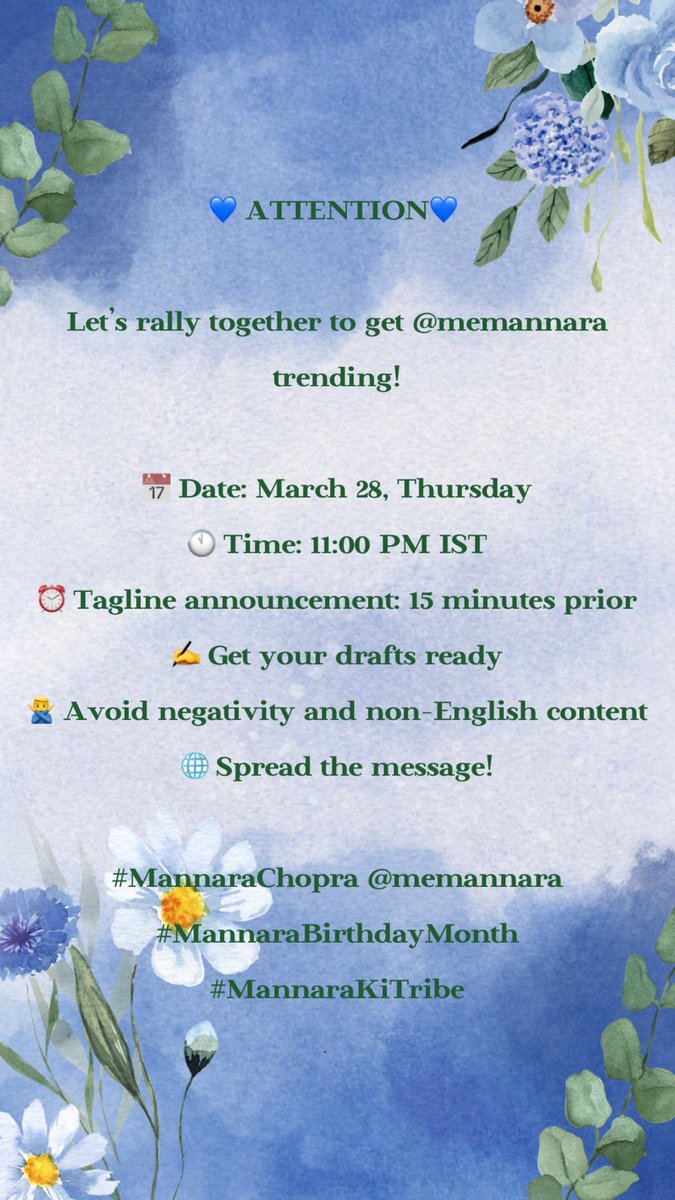 #Mannarains Are you ready? 💙🍃

Make edits, edit fotos, show your creativity 🧿🌿

See u all at 28March 💙

@memannara 
#MannaraChopra 
#MannaraKiTribe 
#Mannarians