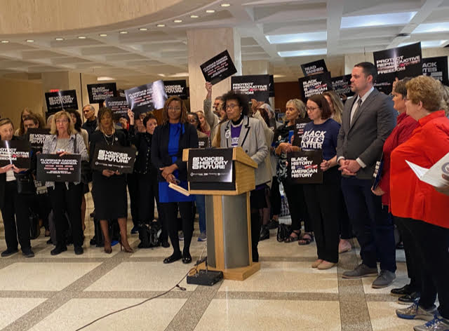 LWVofSpaceCoast's tweet photo. LWV Florida Cecile Scoon leads a rally in #tallahassee  for #lobbydays2024. https://t.co/O0Uhjji0L2