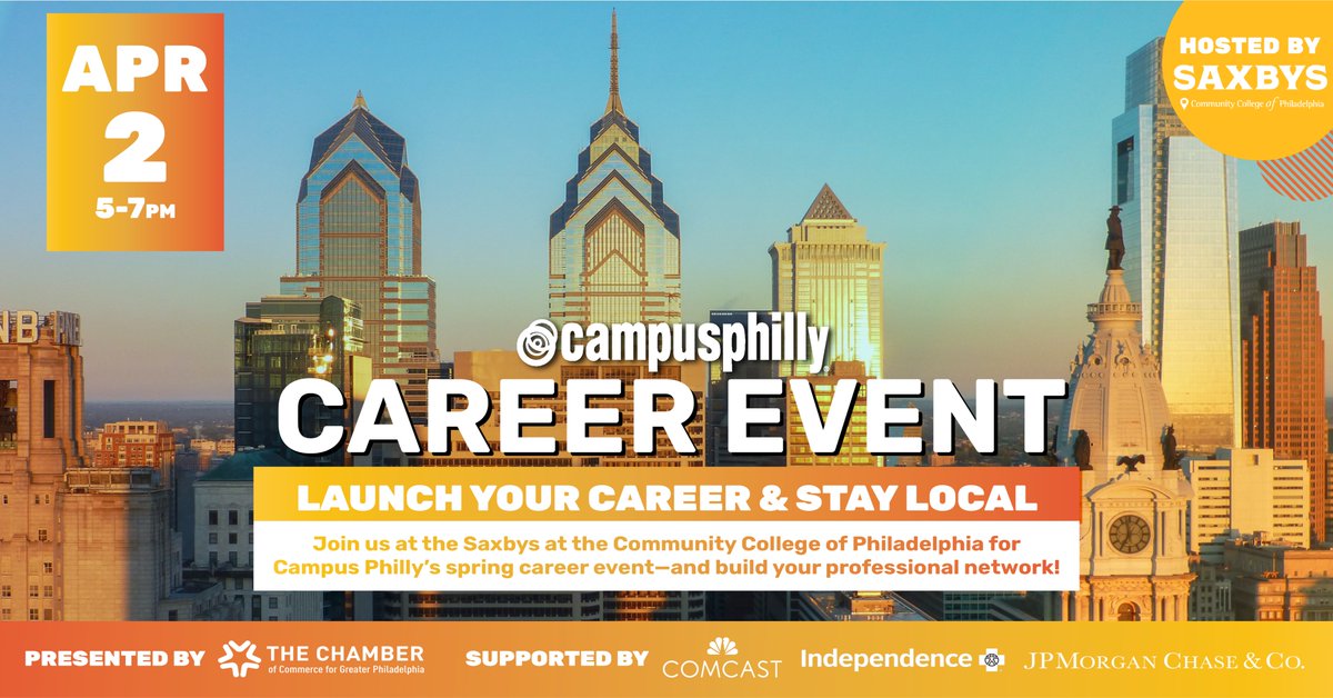 NEXT WEEK: #CampusPhilly's spring career event returns on April 2 from 5-7pm at @Saxbys at the @CCPedu campus. Network with 30+ Philly-area employers, attend panel discussions, and win PRIZES. 🎁 See the complete list of employers and register NOW👉bit.ly/3P3qBvE