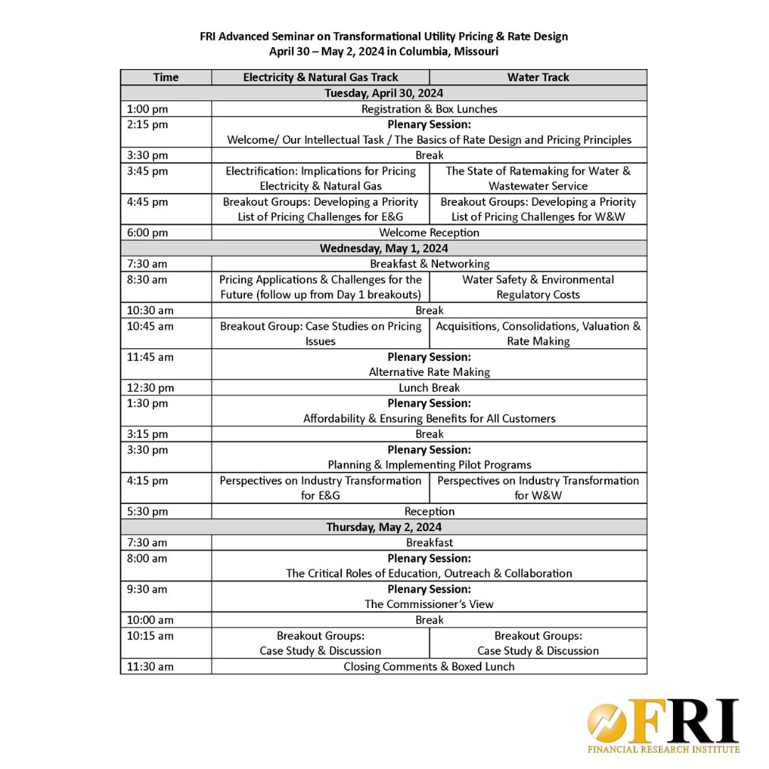 This year's FRI Advanced Seminar on Transformational Utility Pricing &amp; Rate Design will include two tracks – one focused on water and wastewater, the other focused on electricity and natural gas.
April 30-May 2 in Columbia, Missouri.
To register: web.cvent.com/event/b6633b3e…