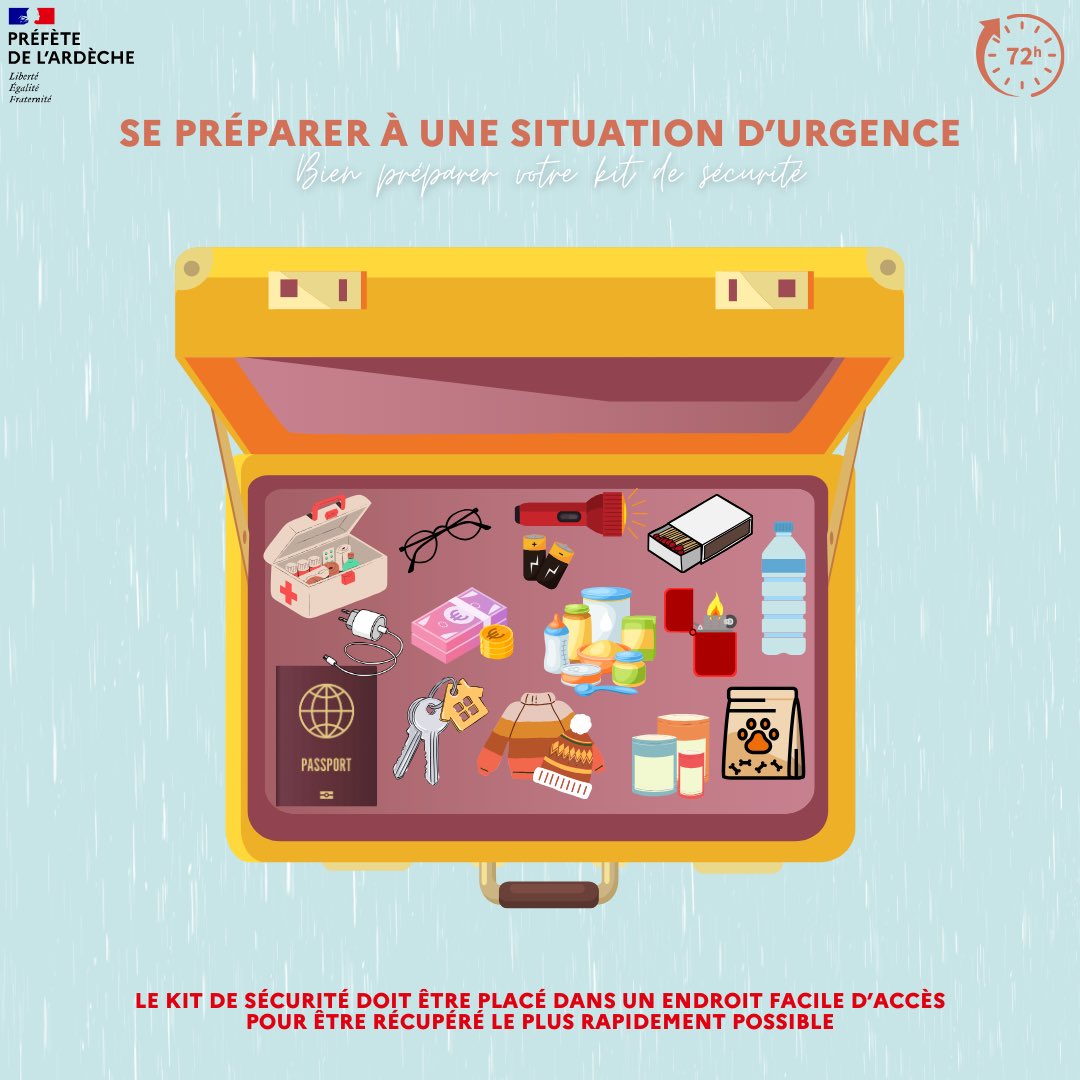 Prefet07's tweet photo. #KitUrgence 🎒| Feux de forêt, inondations, intempéries�� Si les #secours vous demandent d’évacuer votre domicile, soyez prêts.
👉 Le kit d’urgence doit notamment contenir une photocopie de vos papiers d’identité, des denrées alimentaires ou encore de l’eau. Découvrez la liste complète que doit contenir votre kit d’urgence ⬇️