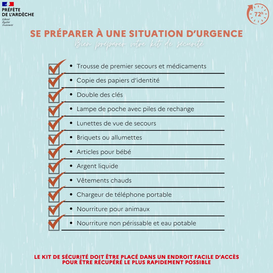 Prefet07's tweet photo. #KitUrgence 🎒| Feux de forêt, inondations, intempéries�� Si les #secours vous demandent d’évacuer votre domicile, soyez prêts.
👉 Le kit d’urgence doit notamment contenir une photocopie de vos papiers d’identité, des denrées alimentaires ou encore de l’eau. Découvrez la liste complète que doit contenir votre kit d’urgence ⬇️