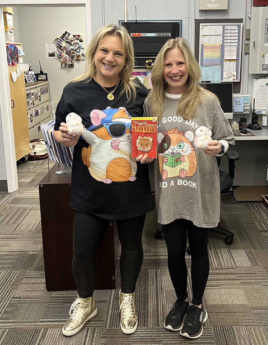 Squeak Squeak! It's a great day to be at Sandshore! Today is our One School, One Book event AND our Dance off - there is excitement (and hamsters) around every corner today! As always, <a href="/Jen1Curry/">Jennifer Curry</a> and <a href="/kristymc24/">𝒦𝓇𝒾𝓈𝓉𝓎 𝑀𝒸𝐹𝒶𝓇𝓁𝒶𝓃𝑒</a> dress the part. <a href="/SuptMOTSD/">Sumit Bangia</a> <a href="/mrobinson322/">Matt Robinson</a>  🐹🐹🐹