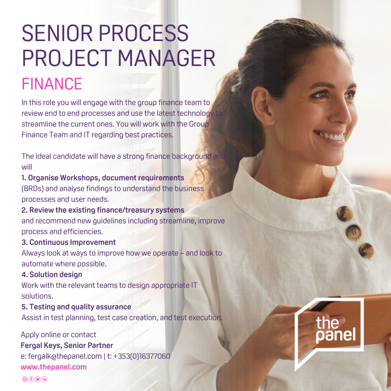 ThePanelDublin's tweet image. Senior Process Project Manager (thepanel.com/job/48875/it-&amp;amp;…) role is currently available with one of our clients. 

For more information, contact Fergal at fergalk@thepanel.com

#jobfairy #financeprocessimprovement #seniorprocessmanager #M3