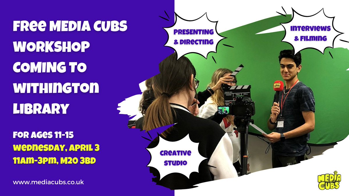 We're coming to #Withington Library for a FREE media workshop for 11-15 year olds jam packed with creative activities 🎬 🗓️ Wed April 3, 11-3pm 🥪 Lunch provided 📞To book call the library on 0161 227 3720