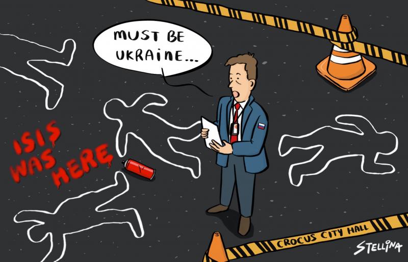 ✏️ Against all evidence, Russian authorities are trying to blame #Ukraine for the #CrocusCityHall attack, the deadliest terrorist attack perpetrated on 🇷🇺 soil for twenty years. A cartoonist’s view, by @toonsbystellina 🇹🇼 | @CartoonMovement #Russia voxeurop.eu/en/russia-terr…