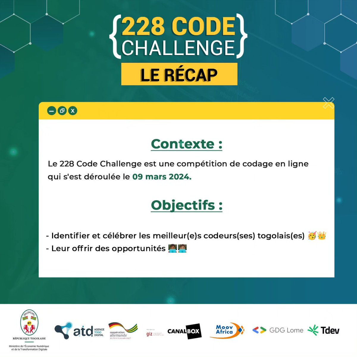 digitalgouvtg's tweet photo. Que devons-nous retenir de cette première édition du 228 Code Challenge ? 🤔🧐
Ce carrousel récapitulatif nous dit tout 😊
Merci aux partenaires et aux participants qui ont fait de cette aventure une réussite.
#228CodeChallenge #CodeChallenge https://t.co/ntBpaoFGaD